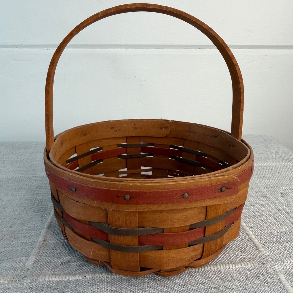 1989 Longaberger All American Stitching Basket Red Blue Stationary‎ Handle USA